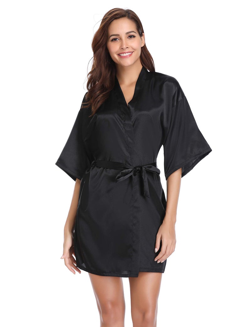 Vlazom Women's Kimono Robes Short Satin Pure Color Bridal Party Robe with Oblique V-Neck Black - Image 2